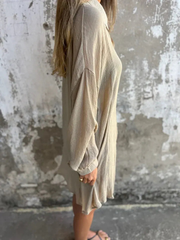 Casual Solid Color Shorts Long Sleeve Wrinkled Cloth Shirt Two-Piece Set
