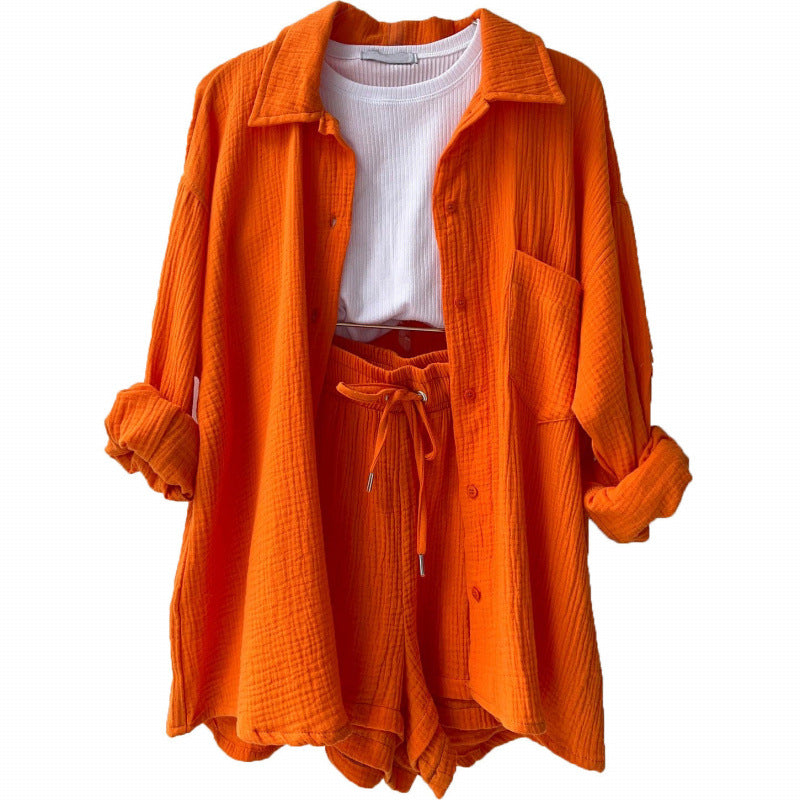 Fashion Shirt High Waist Drawstring Shorts Set