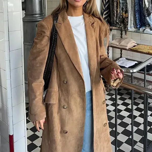 Stylish Lapel Long-Sleeved Double-Breasted Coat