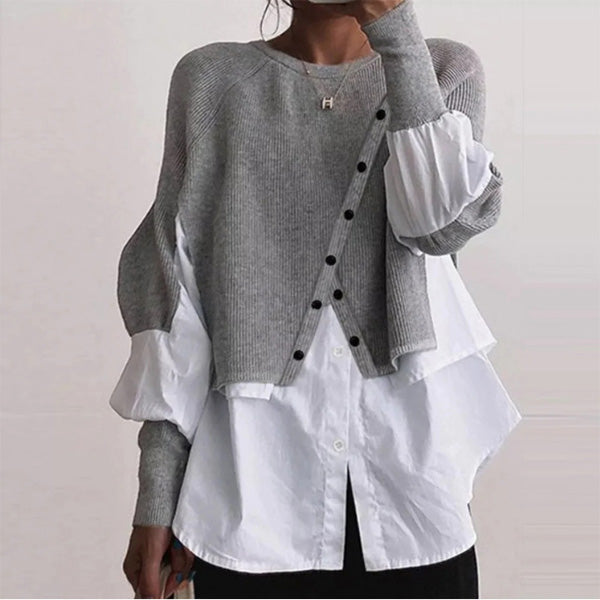 Stylish Crew Neck Long Sleeve Fake Two Pieces Top