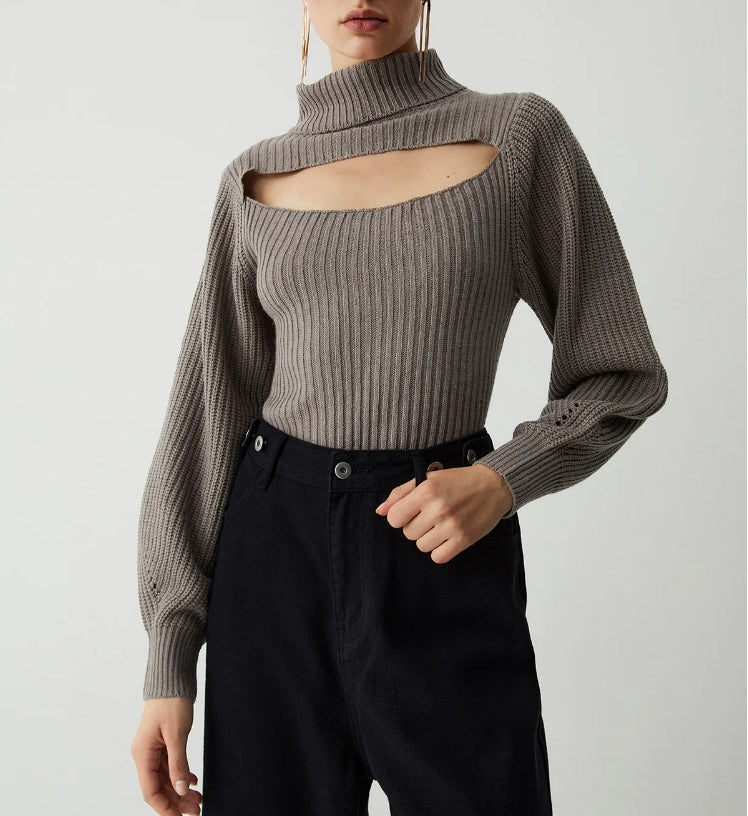 Turtleneck Puff Long Sleeve Knit Top