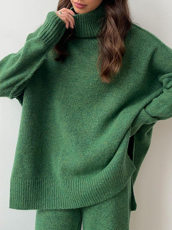 Stylish Casual Turtleneck Slit Sweater & Pants Two-Piece Set