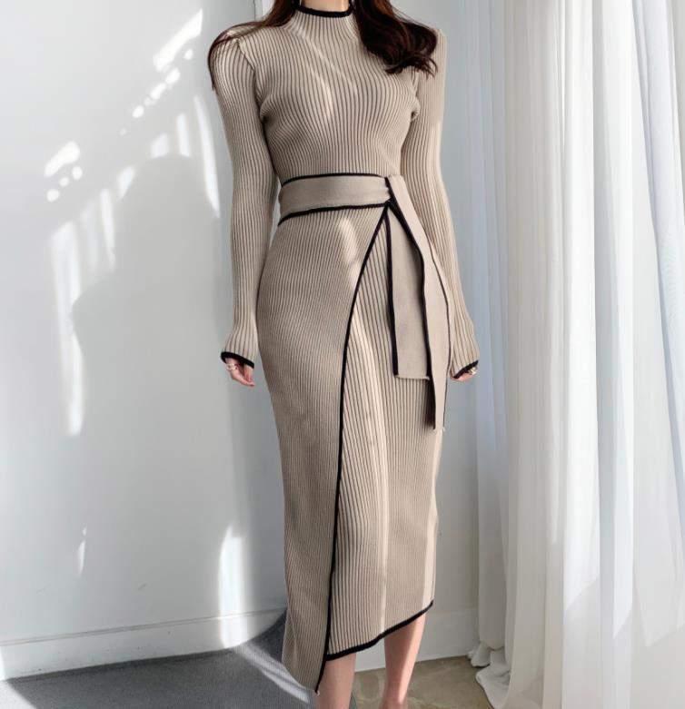 Elegant stand collar tie waist knitted dress