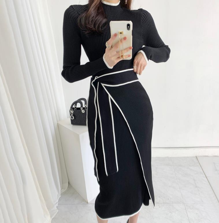 Elegant stand collar tie waist knitted dress