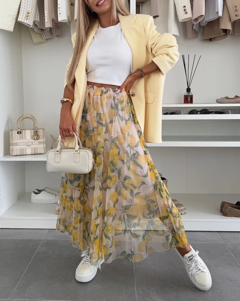 Fashionable Lapel Blazer & Lemon Overskirt Two-Piece Set