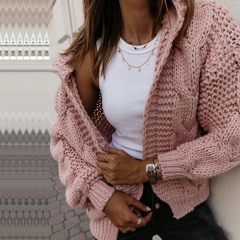 Pure Color Casual Fashion Loose Hooded Cardigan Sweater