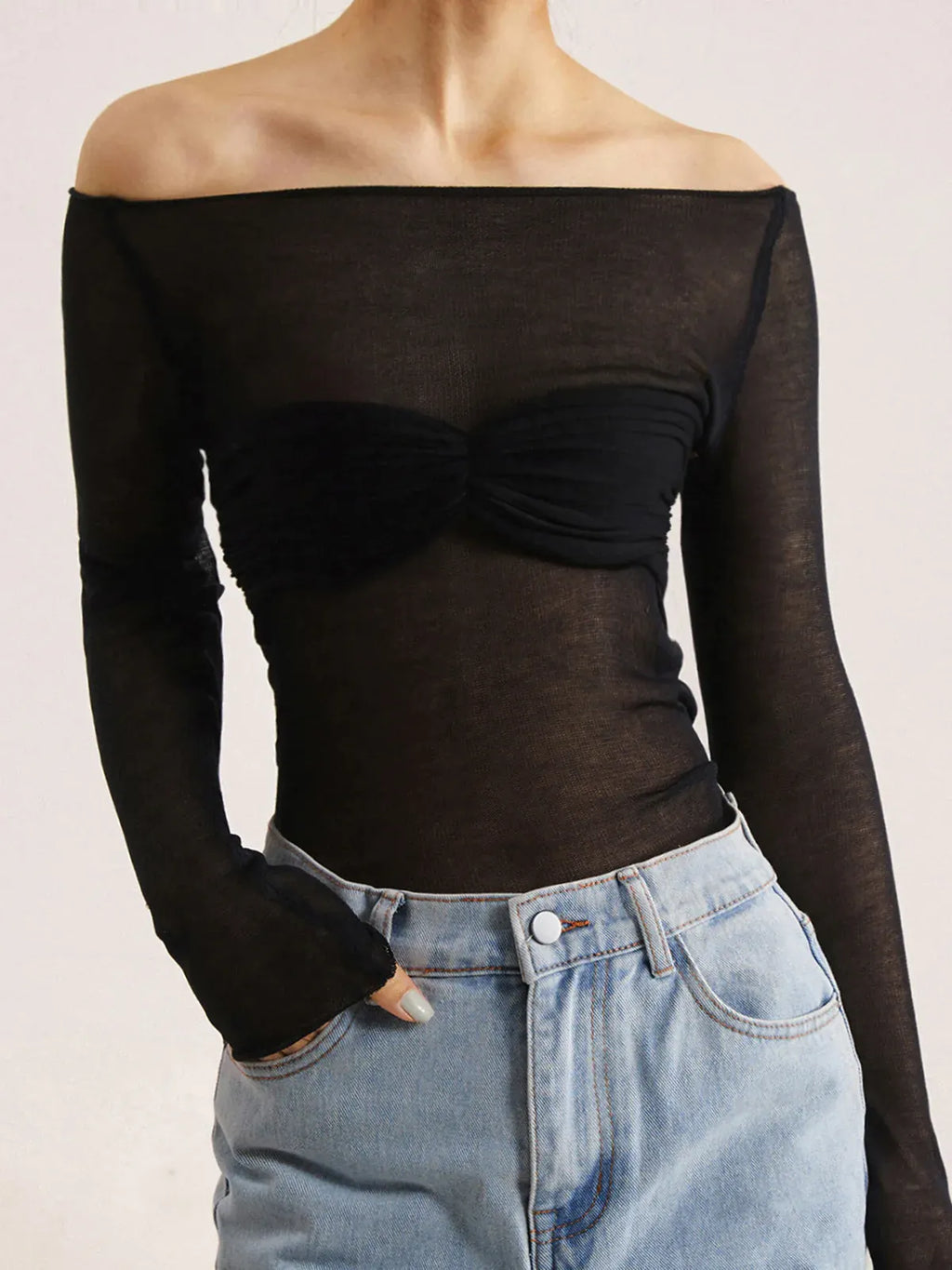 Nostalgia Off-Shoulder Mesh Long Sleeve Sweater
