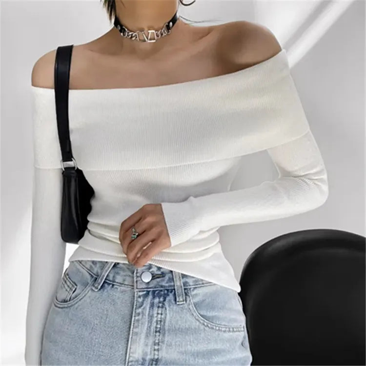 Off Shoulder Overfold Long Sleeve Knit Top