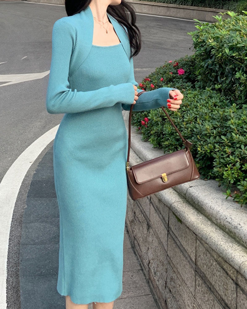 Retro Elegance Pack Shoulder Square Neck Slim Dress