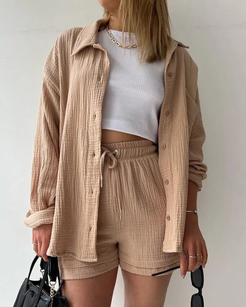Fashion Shirt High Waist Drawstring Shorts Set