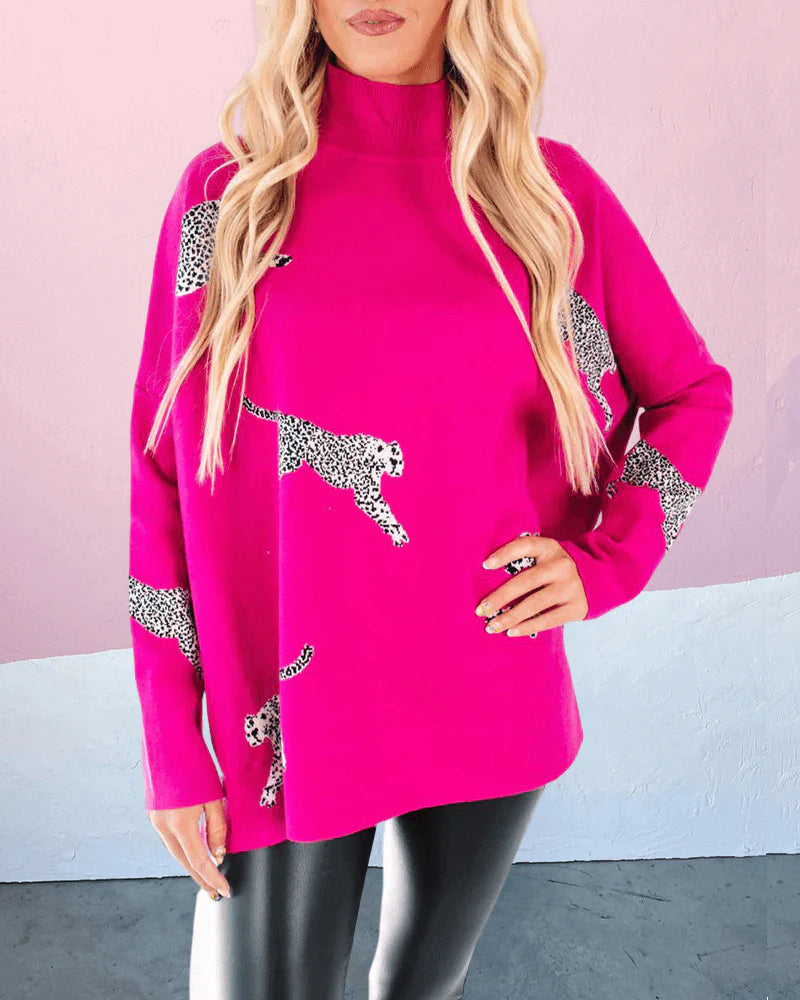 Casual Turtleneck Cheetah Print Sweater