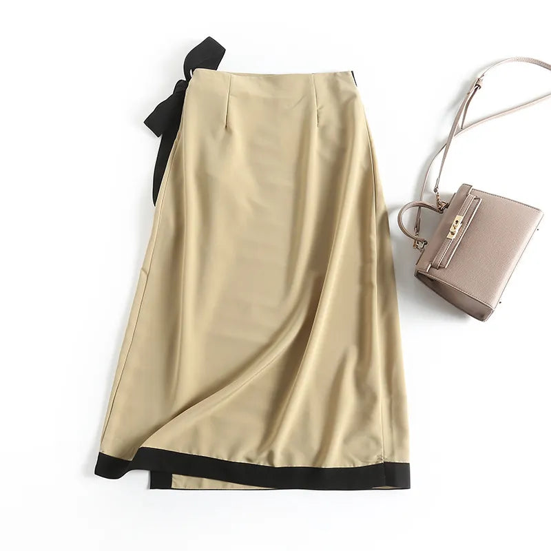 Tie Front Contrast Trim Midi Skirt