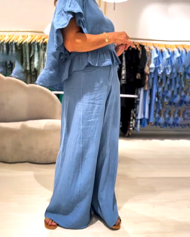 Solid Cotton And Linen Round Neck Top & Pants Two-Piece Set