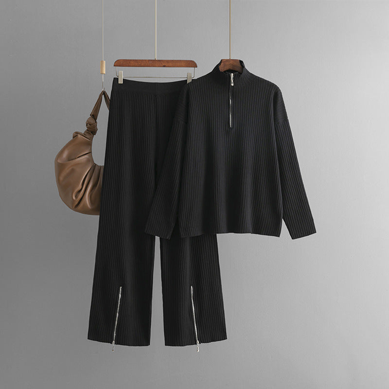 Casual Turtleneck Zipper Sweater Two-Piece Set