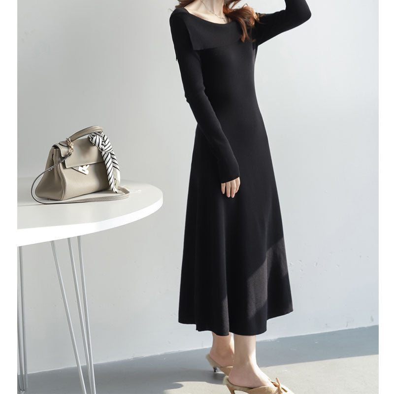 French one-shoulder fashion wool knit dress