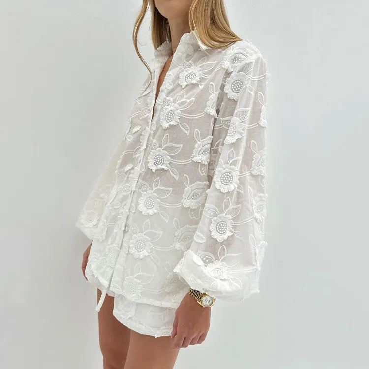Stylish Embroidered See-Through Shirt & High-Waisted Shorts Set