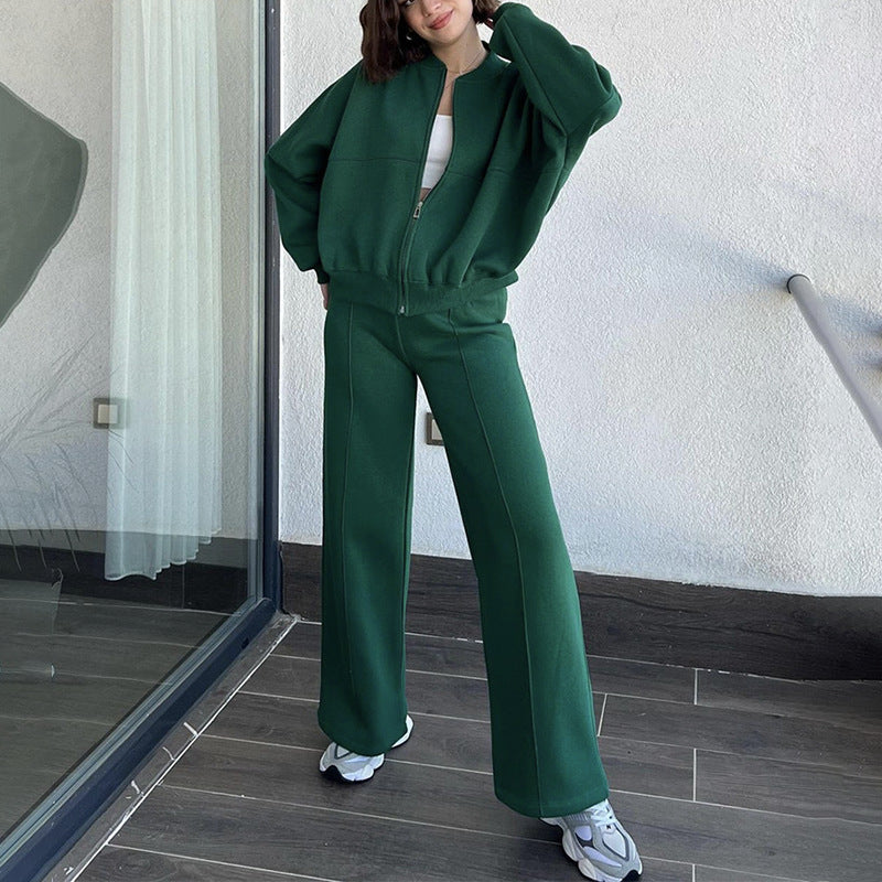 Fashionable Sweatshirt Jacket & Straight Pants Two-piece Set
