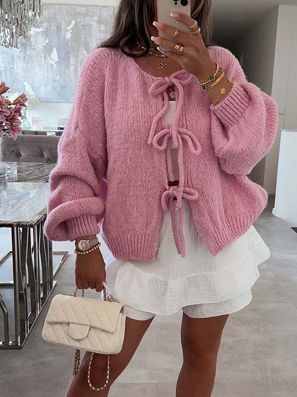 Stylish Solid Color Crew Neck Lace-up Sweater
