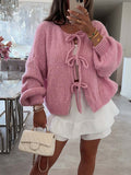 Stylish Solid Color Crew Neck Lace-up Sweater