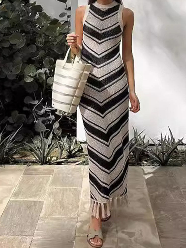 Chic Striped Fringe Knitted Dress