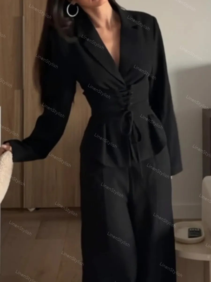 Fashionable Belted Blazer & Pants Two-piece Set