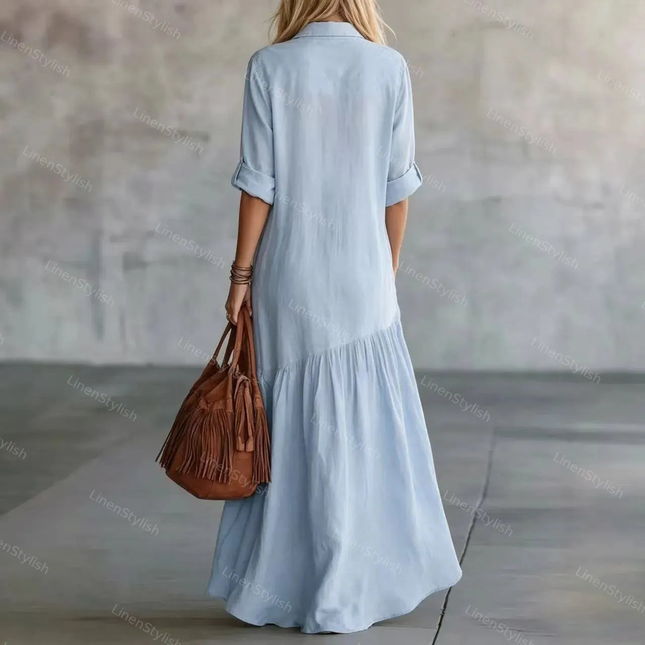 Solid Color Long Shirt Collar Twist Pocket Dress