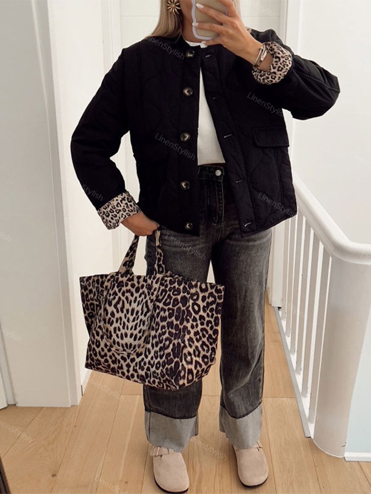Quilted Buttons Leopard Print Coat