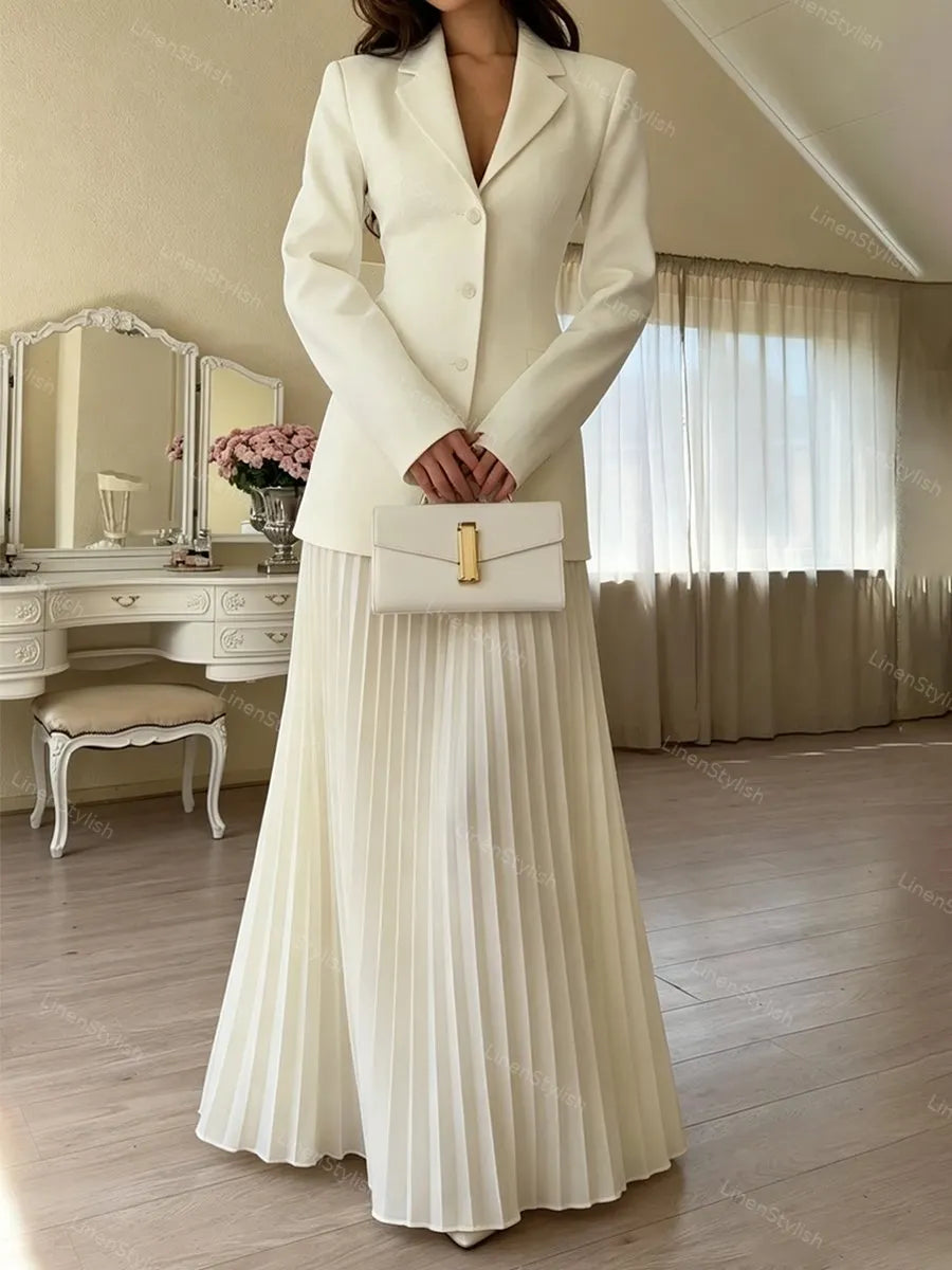 Stylish And Elegant Tight Waist Blazer & Pleated Overskirt Two-Piece Set