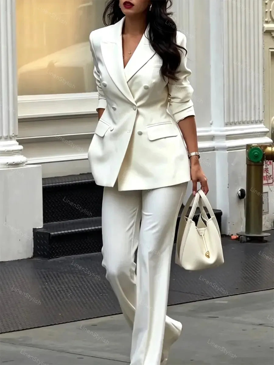 Fashionable And Elegant Tight Waist Double-breasted Blazer & Pants Two-piece Set