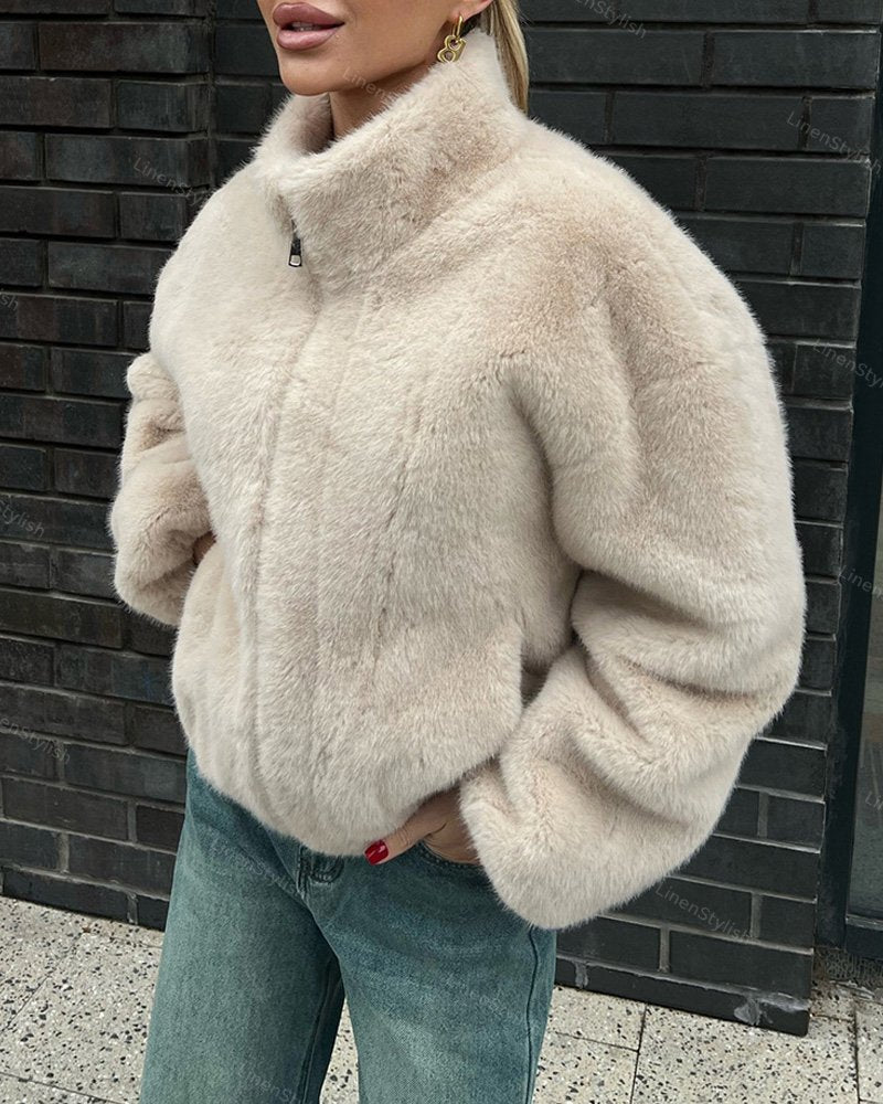 Vertical Collar Zipper Plush Short Jacket