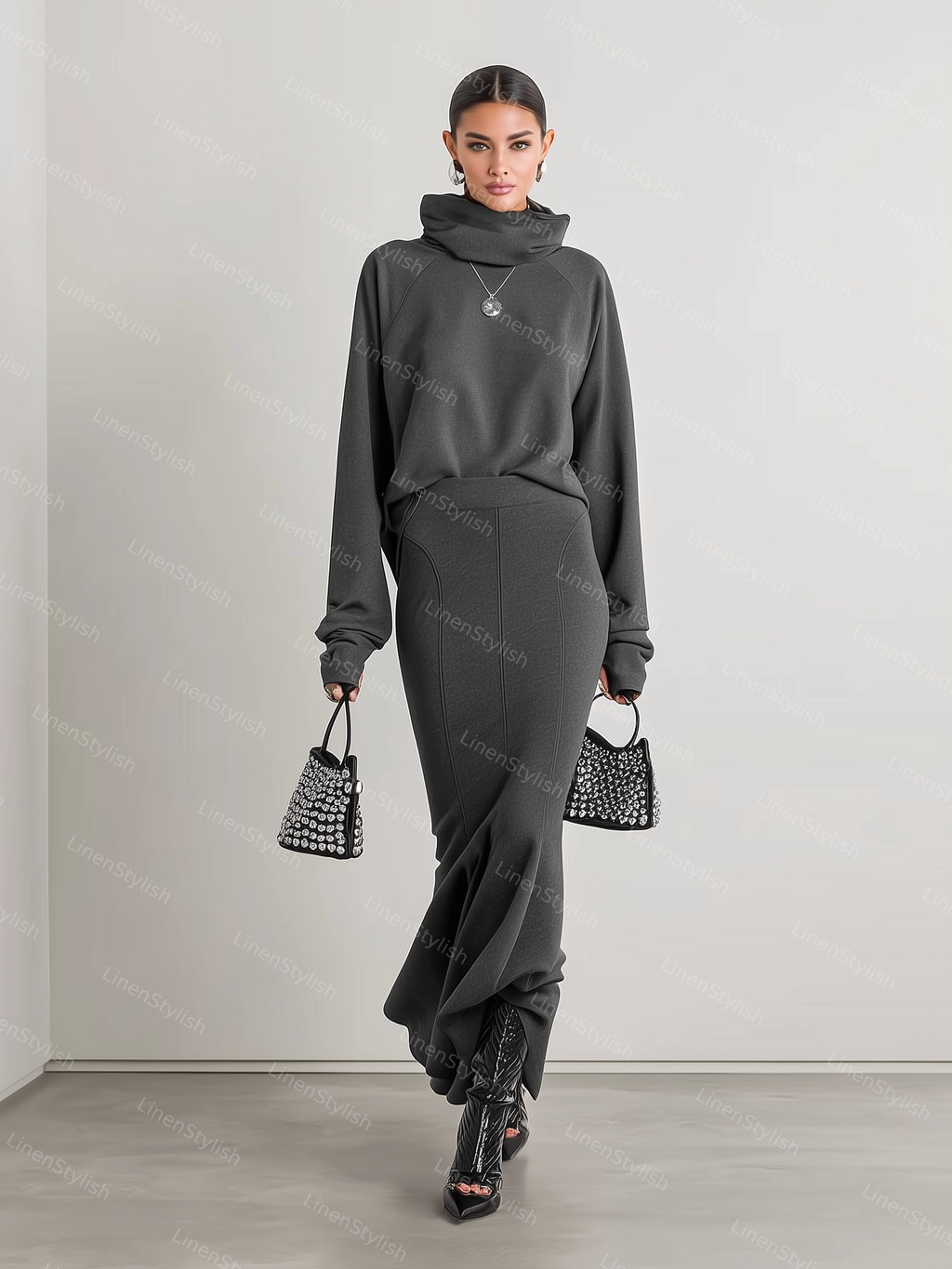 Mock-neck Sweatshirt Hip Fishtail Dress Set