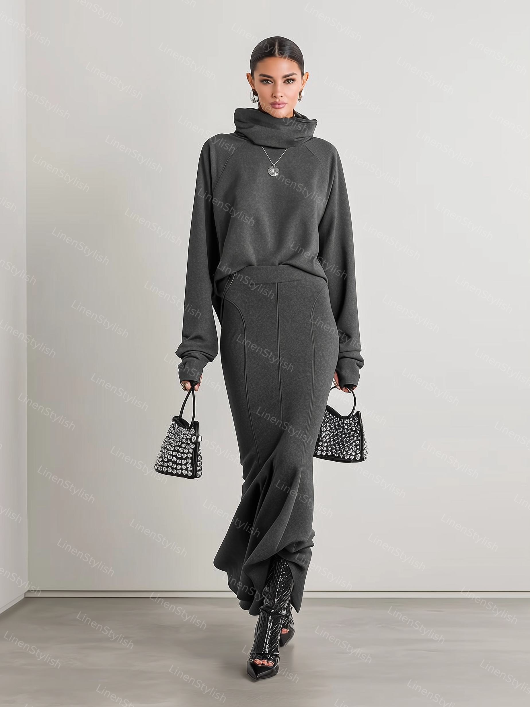 Mock-neck Sweatshirt Hip Fishtail Dress Set