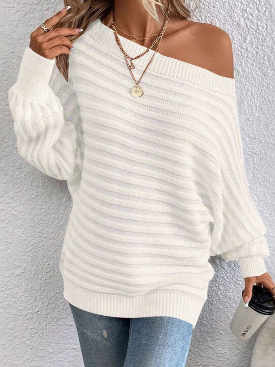 Slant Shoulder Collar Dolman-Sleeve Sweater