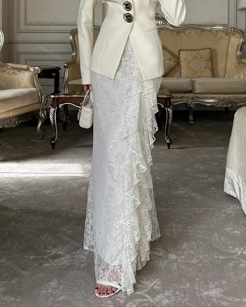 Fashion Blazer & Lace Overskirt Two-piece Set