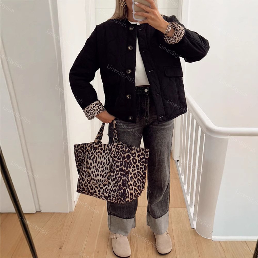 Quilted Buttons Leopard Print Coat