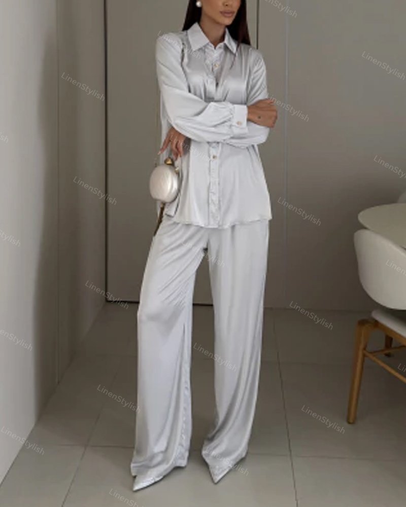 Casual Solid Shirt & Wide Leg Two-Piece Set