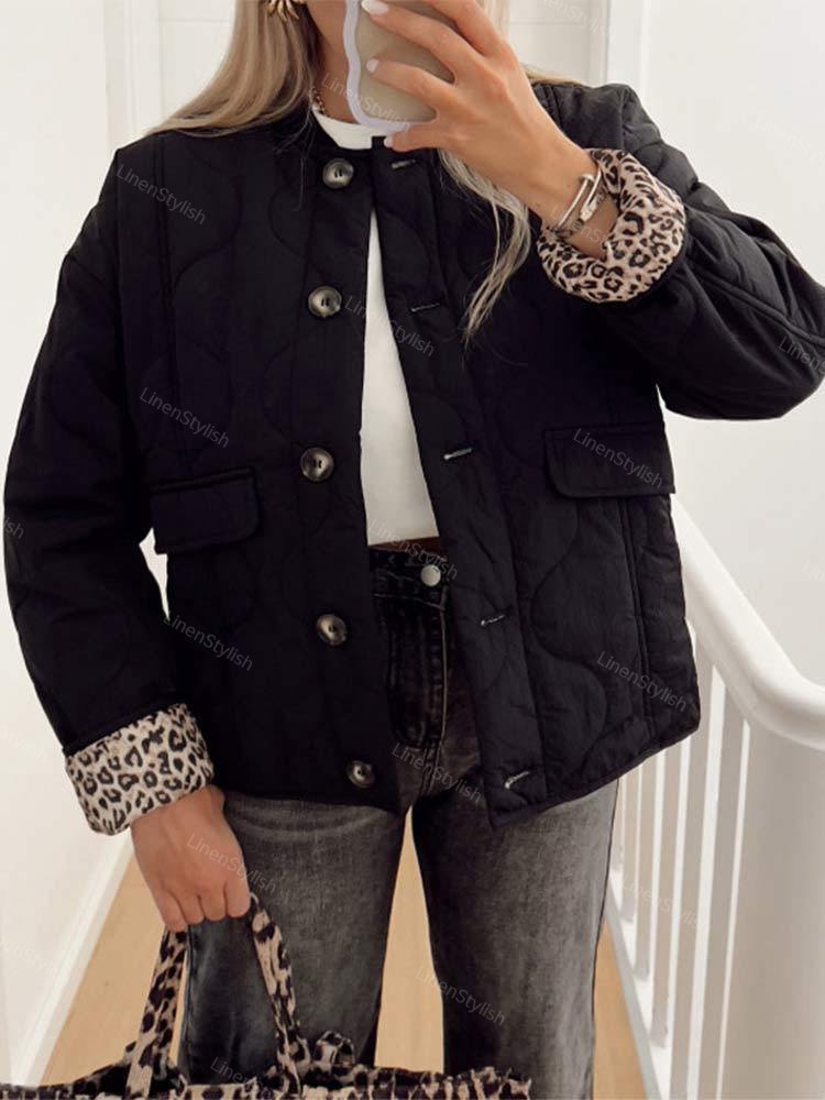Quilted Buttons Leopard Print Coat