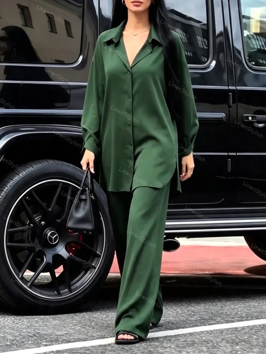 Casual Solid Color Shirt & Pants Two-piece Set