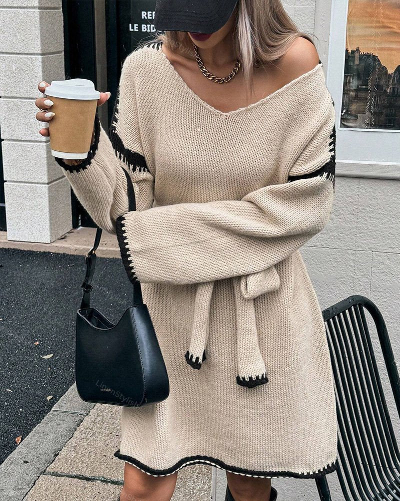 Strap V-neck Long Sleeve Knitted Dress