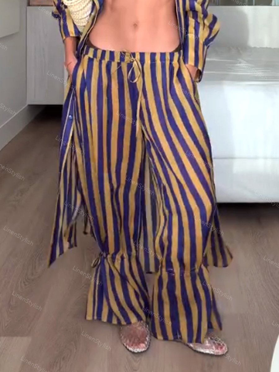 Stylish Striped Long Shirt Dress & Pants Two-piece Set