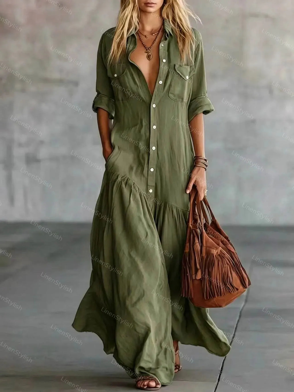 Solid Color Long Shirt Collar Twist Pocket Dress