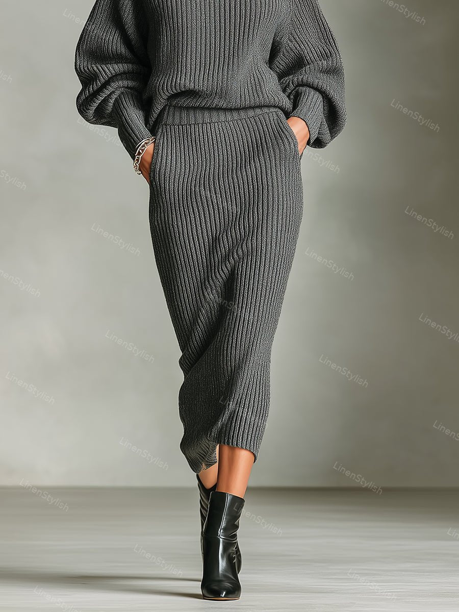 Simple Turtleneck Sweater Knitted Skirt Set