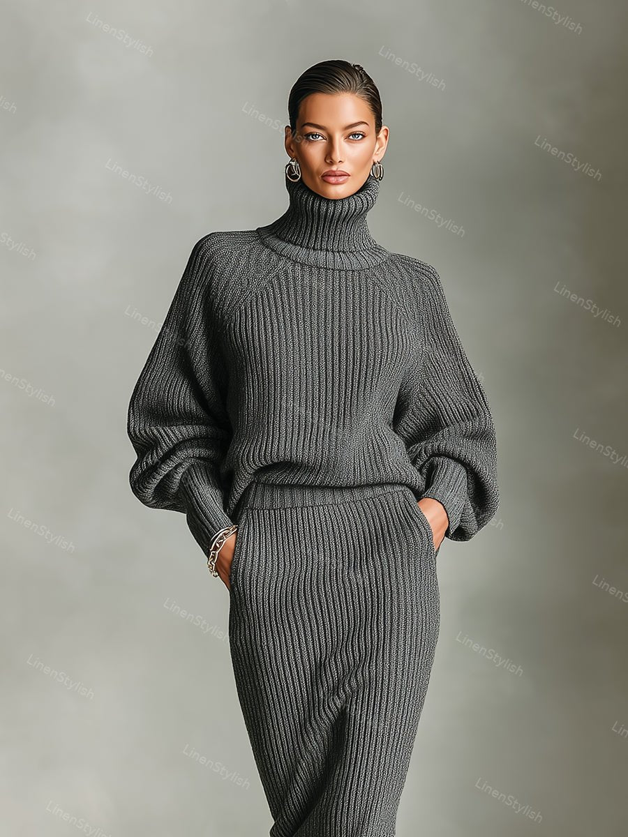 Simple Turtleneck Sweater Knitted Skirt Set