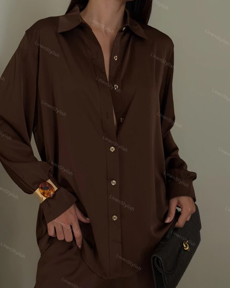 Casual Solid Shirt & Wide Leg Two-Piece Set