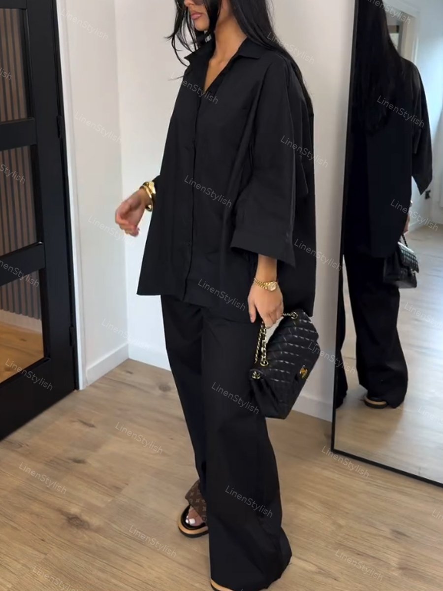 Casual Solid Color Loose Shirt & Pants Two-piece Set
