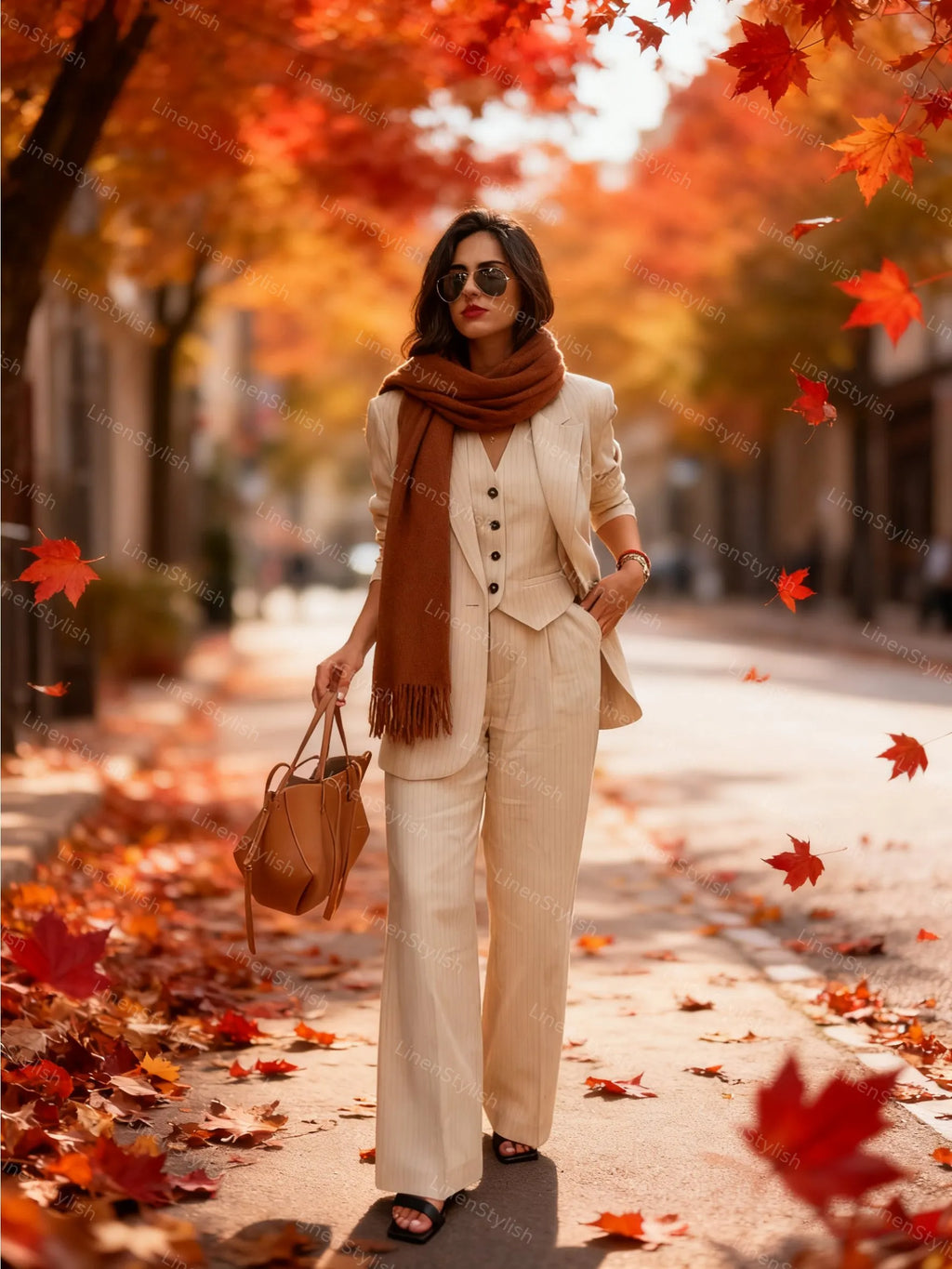 Casual Stripe Vest And Blazer Three-Piece Set