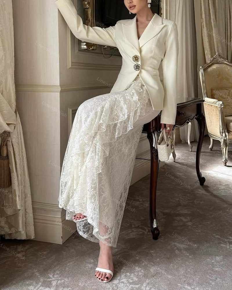 Fashion Blazer & Lace Overskirt Two-piece Set