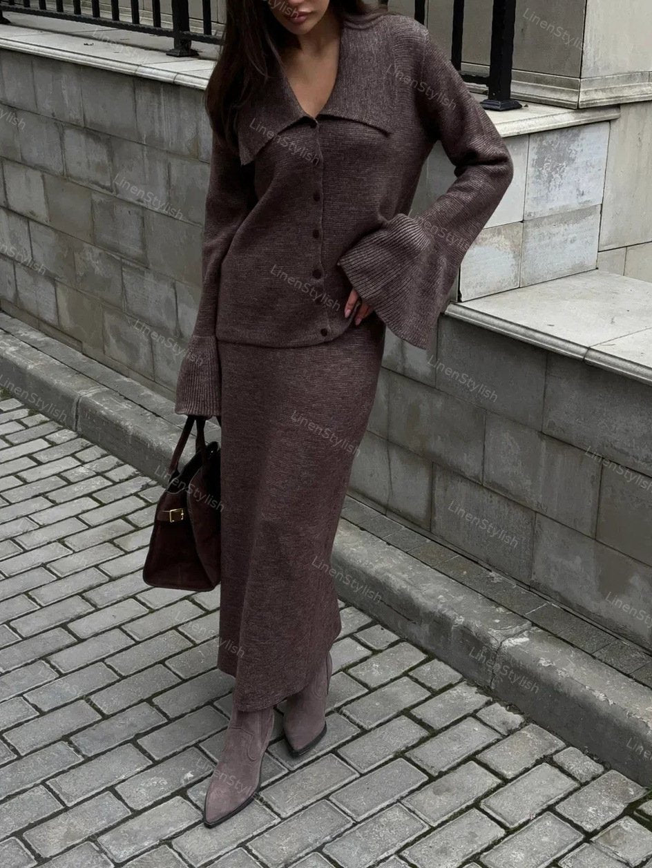 V-neck Knitted Cardigan Skirt Two-piece Set