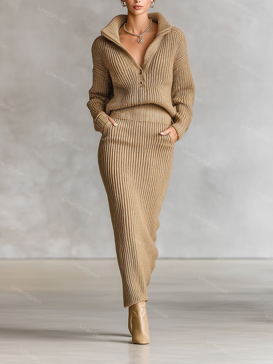 Ribbed Knit Half Cardigan Sweater Skirt Set