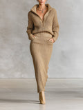 Ribbed Knit Half Cardigan Sweater Skirt Set